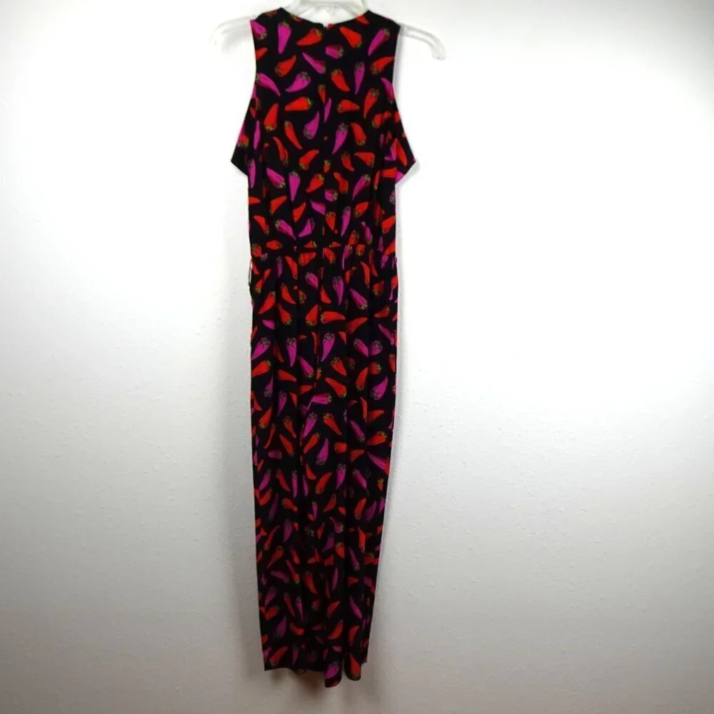 Kate Spade Silk Jumpsuit Size 0 Hot Pepper Print Cropped Black Multicolor
